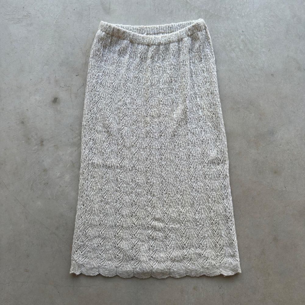 Vintage Evanna Fashions New York Pointelle Knit Midi Skirt Cream Scalloped Hem
